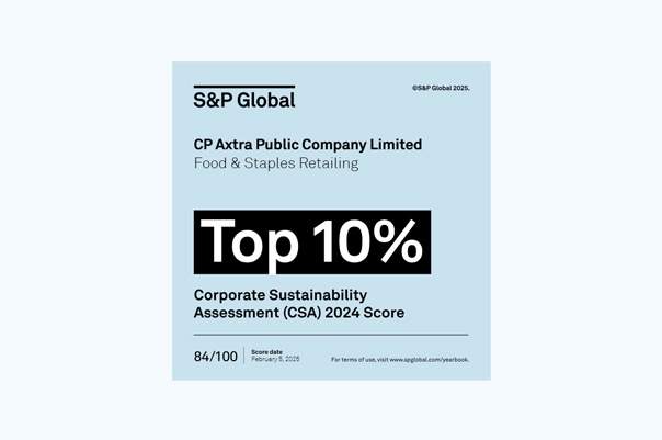 ได้รับคัดเลือกให้เป็นบริษัทที่มีคะแนนสูงสุด ติดอันดับ Top 10% ในกลุ่ม Food & Staples Retailing จากบริษัทในกลุ่มอุตสาหกรรมเดียวกันระดับสากล